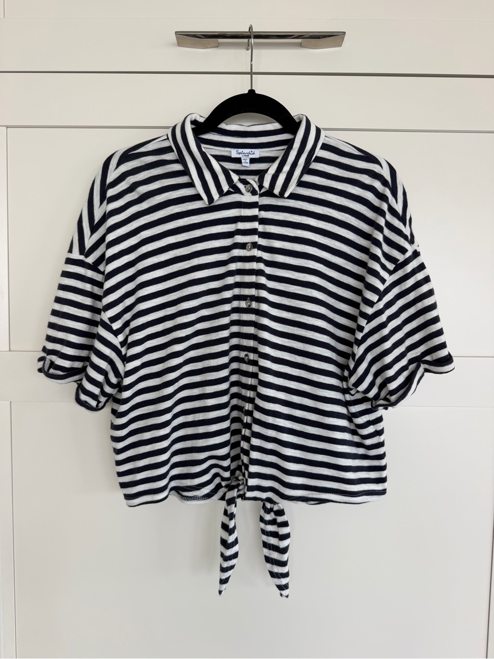 SPLENDID Striped Tie-Hem Button Front Top - Black & White